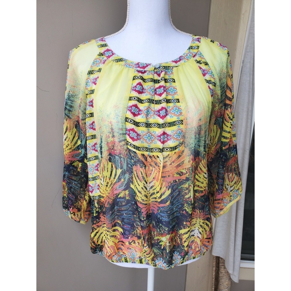 Fig & Flower Blouse Womens Petite Medium Yellow Tropical Floral Fairycore Boho